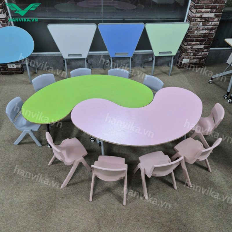Bàn hạt điều nhóm Hanvika – Bàn học mầm non 6 chỗ, thiết kế bo tròn an toàn cho trẻ - HVK-GD-B07