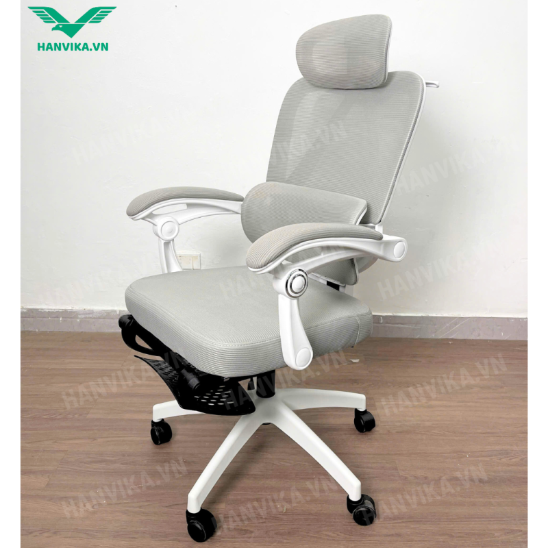 Ghế Công Thái Học – Ghế Văn Phòng Tựa Đầu Chân Xoay Ngả lưng Thư Giãn, Có Gác Chân HVK-S10 – Màu Trắng Ghi