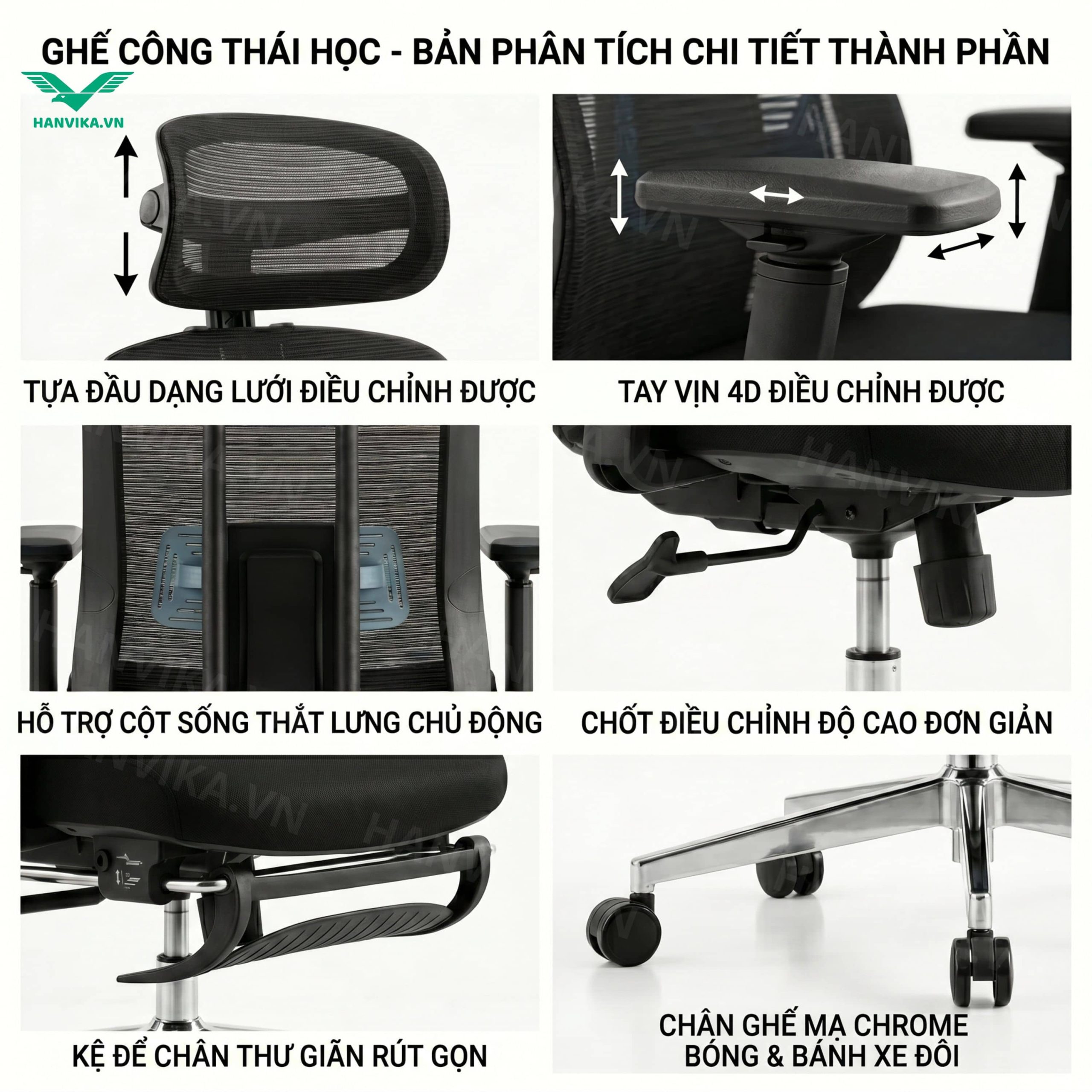 Ghế công thái học cao cấp ngả lưng, có gác chân, tay nâng hạ - HVK-T205 Đen - Ảnh 3