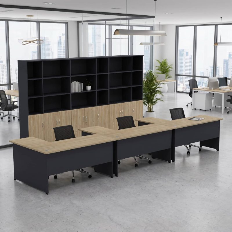 Bàn nhân viên chữ L, bàn làm việc 3 chỗ ngồi có hộc tủ cao cấp HVK-BNV13 – Giải pháp tối ưu cho không gian văn phòng hiện đại