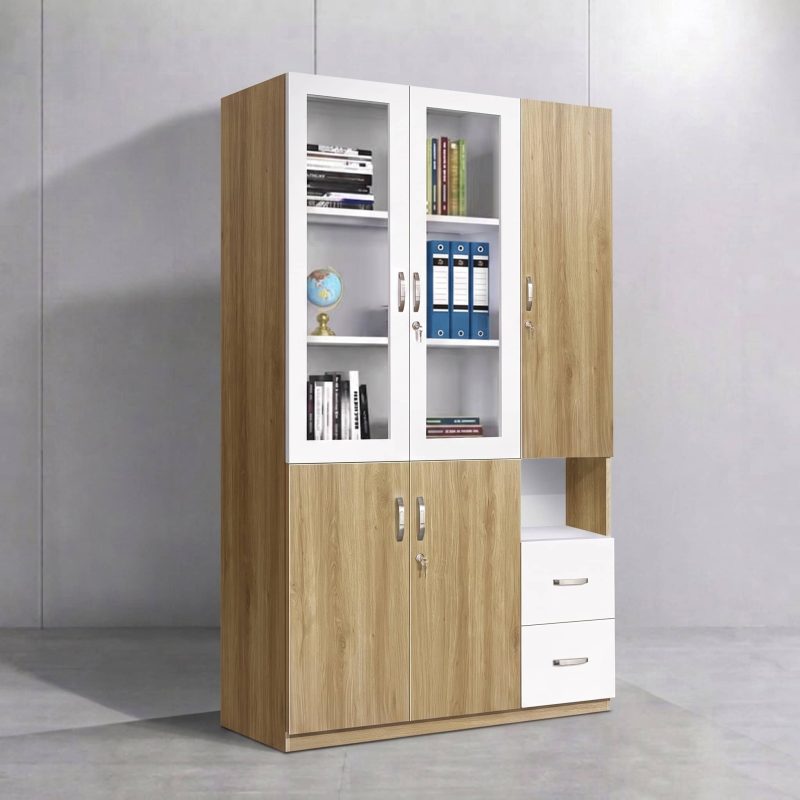 Tủ tài liệu HVK-TTL01 bằng gỗ MDF, kích thước 1200x400x2000mm, thiết kế hiện đại với cánh kính, kệ mở, ngăn kéo và tủ khóa, phù hợp văn phòng, phòng giám đốc và phòng làm việc. Bảo hành 12 tháng.